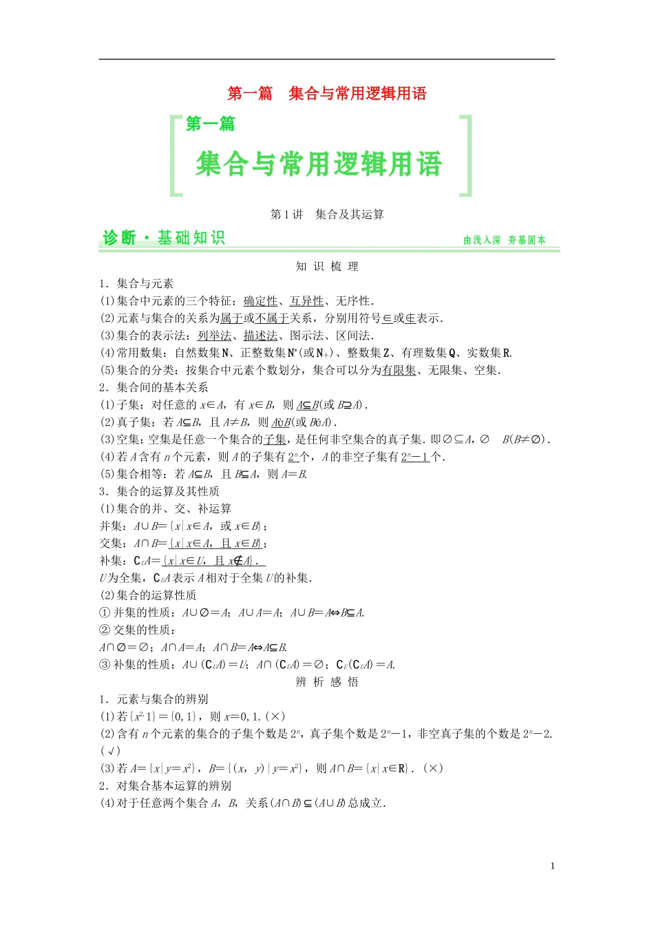 【创新设计】2015届高考数学一轮总复习 第一篇 集合与常用逻辑用语教案 理 苏教版_第1页