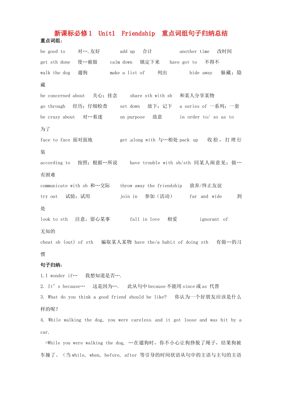 【备战2014】高考英语 重点词汇短语句子总结 新人教版必修1_第1页