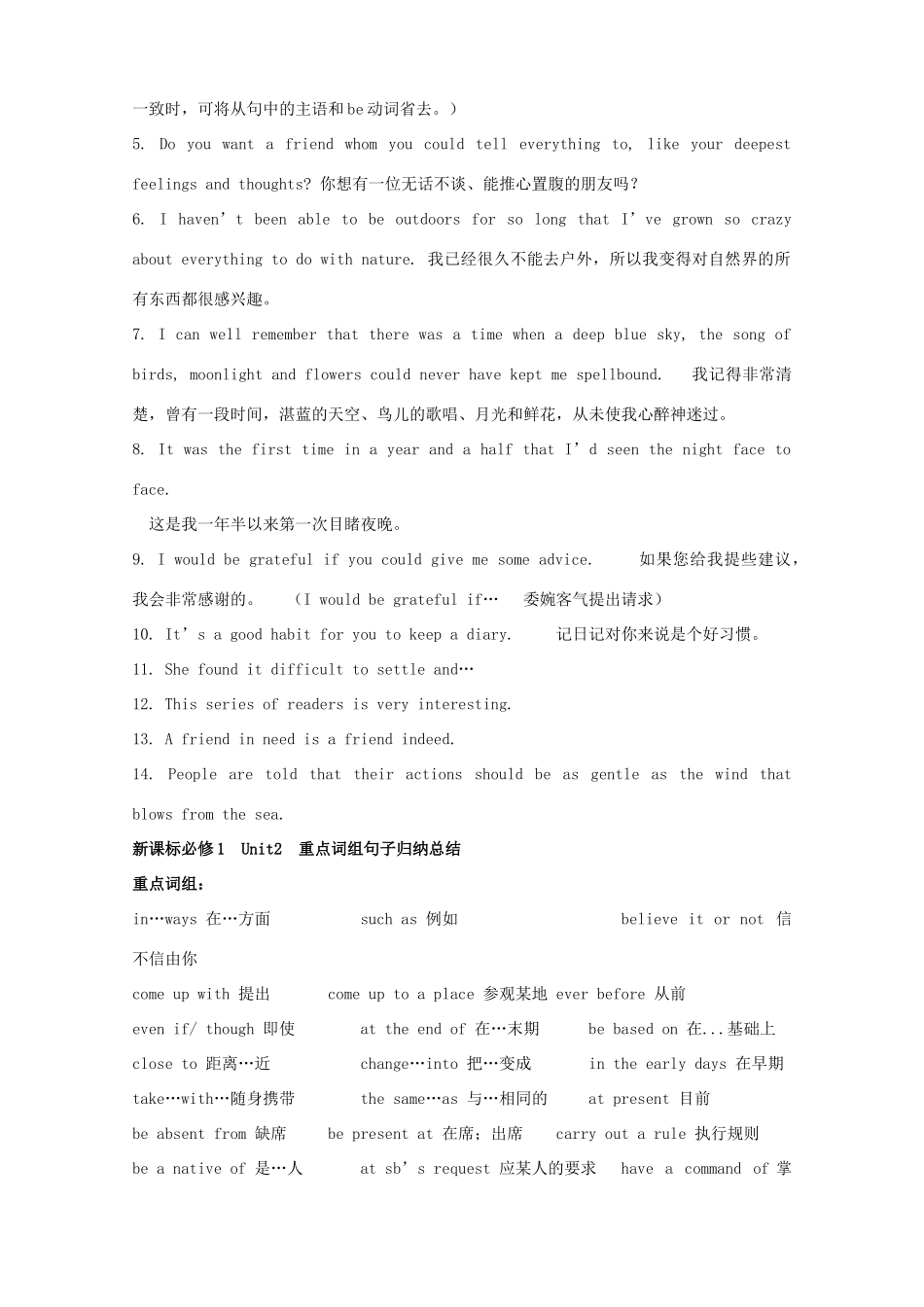 【备战2014】高考英语 重点词汇短语句子总结 新人教版必修1_第2页