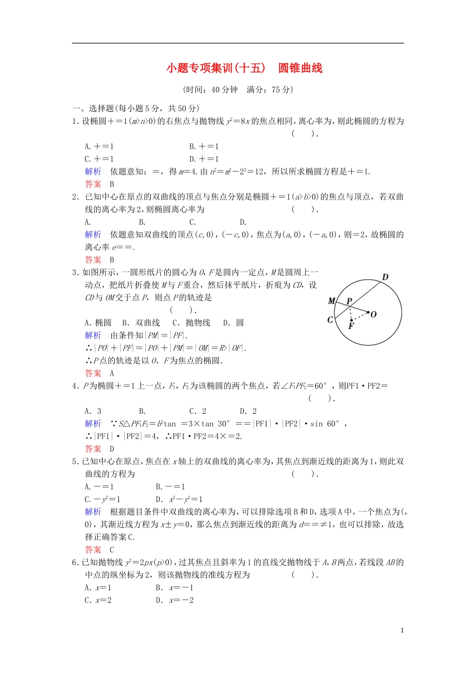【创新设计】2014届高考数学一轮总复习 小题专项集训(十五) 圆锥曲线增分特色训练 理 湘教版_第1页