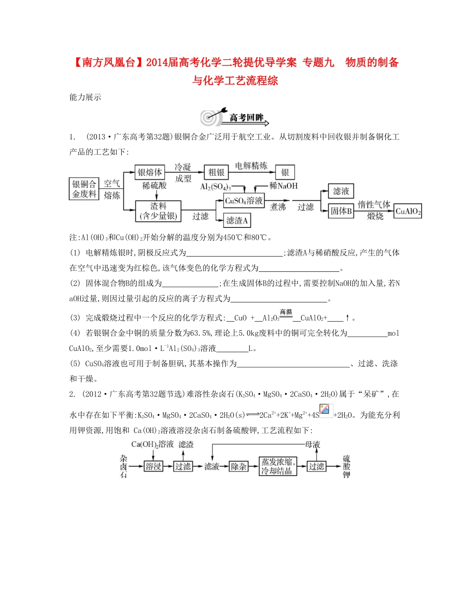 【南方凤凰台】2014届高考化学二轮提优 专题九 物质的制备与化学工艺流程综导学案_第1页