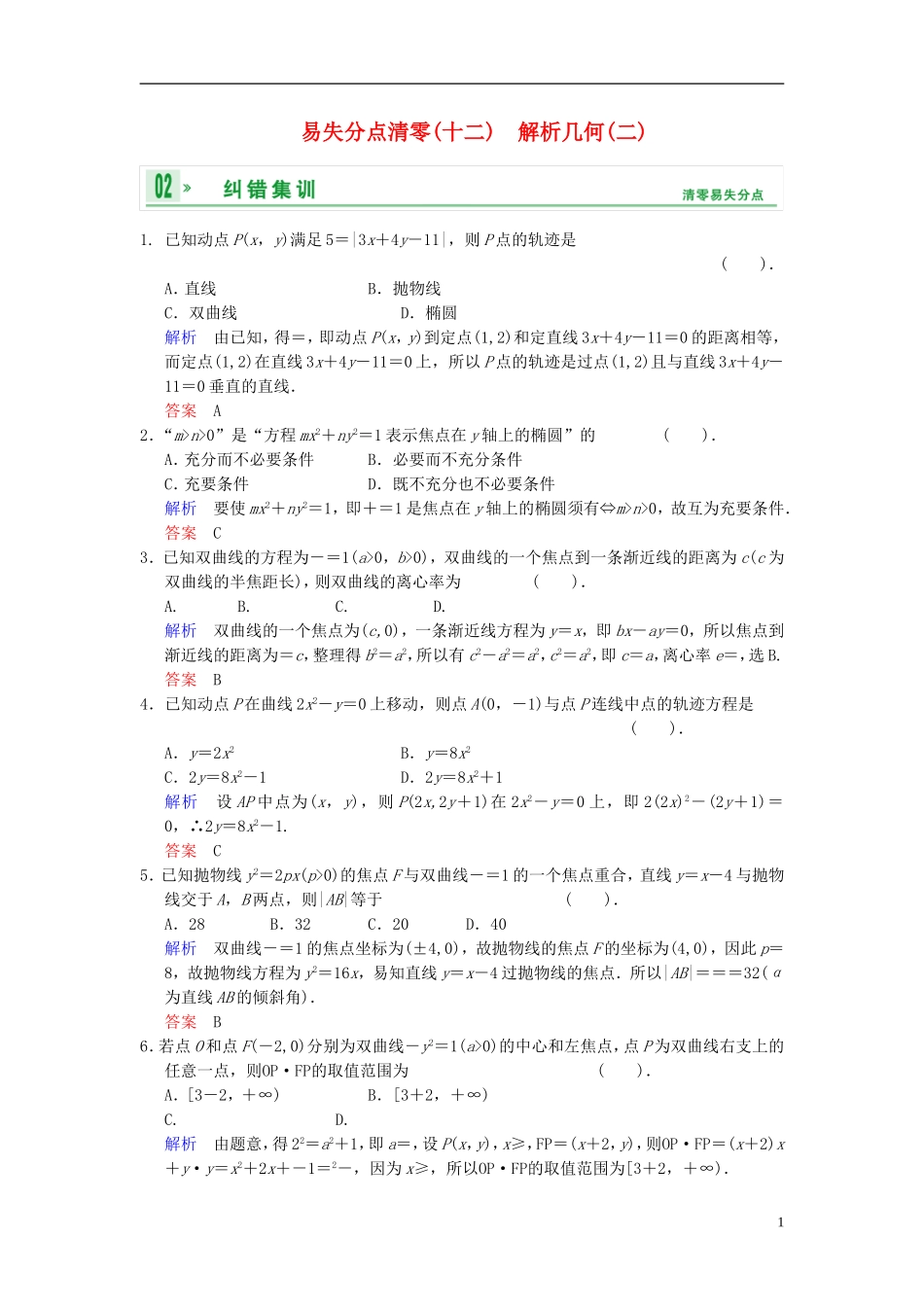 【创新设计】2014届高考数学一轮总复习 易失分点清零(十二) 解析几何(二)增分特色训练 理 湘教版_第1页