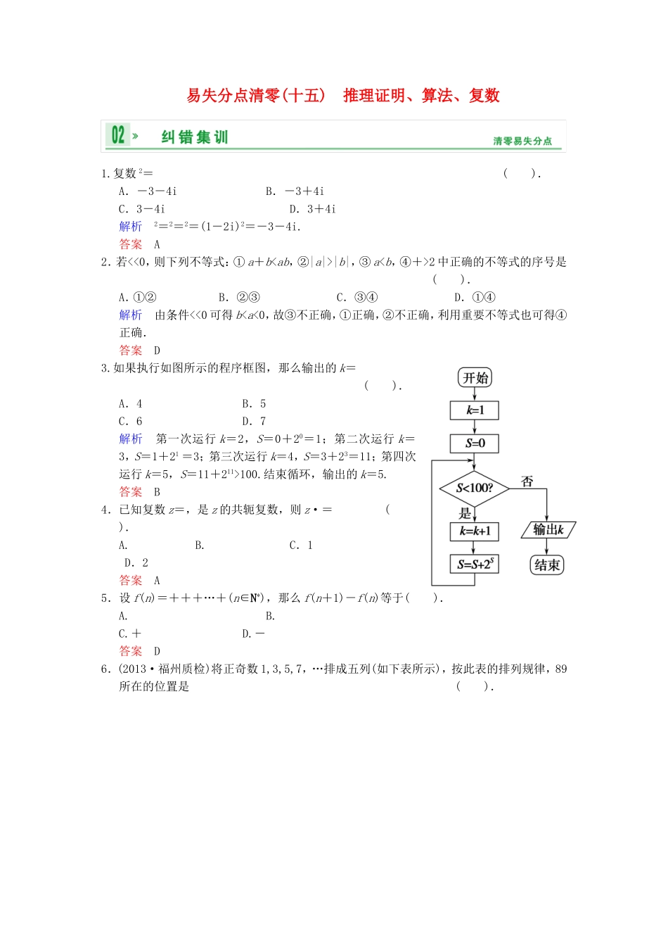 【创新设计】2014届高考数学一轮总复习 易失分点清零(十五) 推理证明、算法、复数增分特色训练 理 湘教版_第1页
