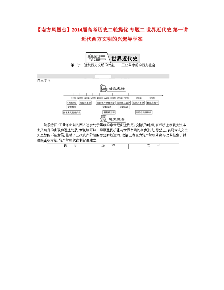 【南方凤凰台】2014届高考历史二轮提优 专题二 世界近代史 第一讲 近代西方文明的兴起导学案_第1页