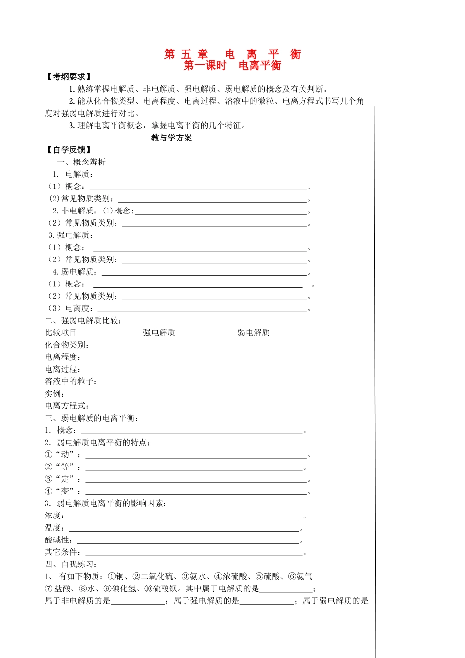 【备战2014】高三化学一轮复习 （考纲解读+自学反馈+例题解析+巩固练习+课外作业）第五章 电离平衡学案_第1页