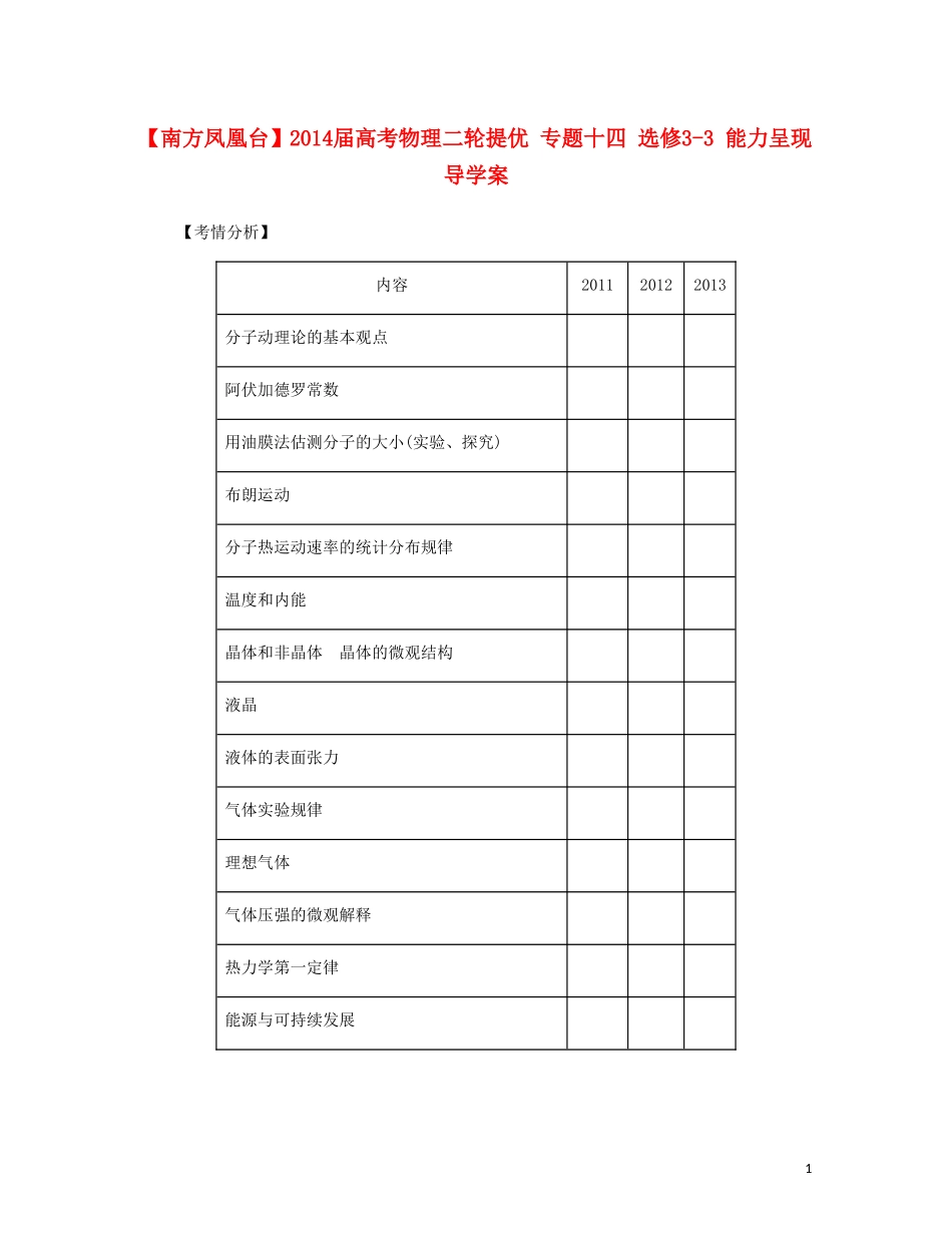 【南方凤凰台】2014届高考物理二轮提优 专题十四 选修3-3 能力呈现导学案_第1页