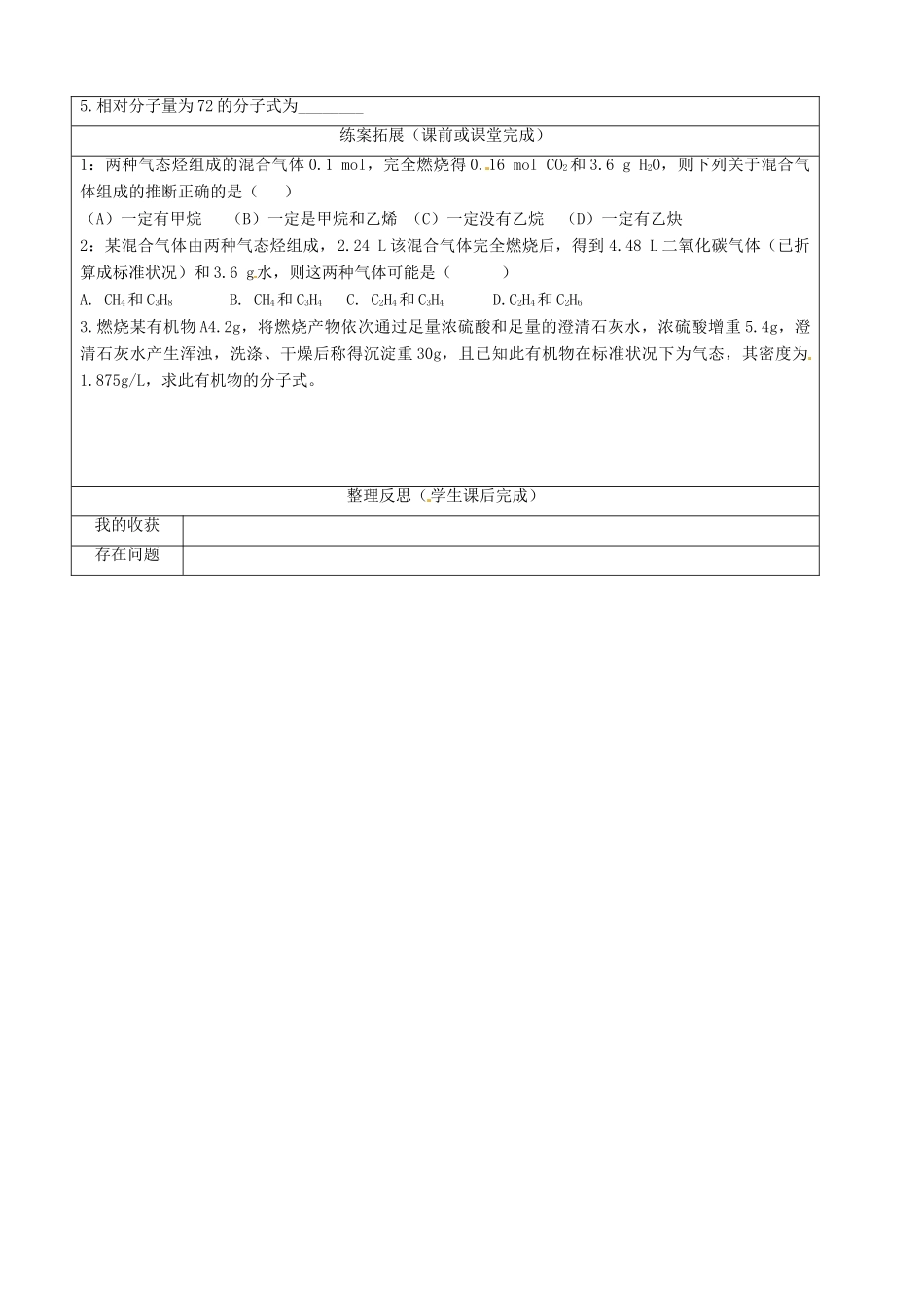 【名校联盟】陕西省澄城王庄中学高二化学《有机物分子式的确定》学案_第2页