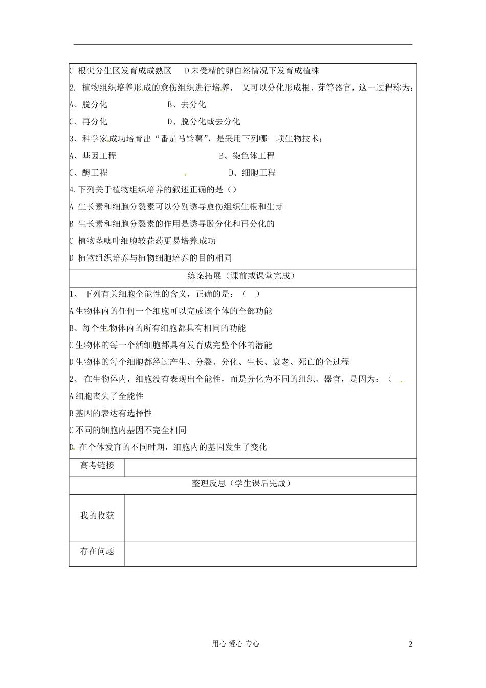 【名校联盟】陕西省澄城王庄中学高二生物《植物细胞工程（一）》学案_第2页