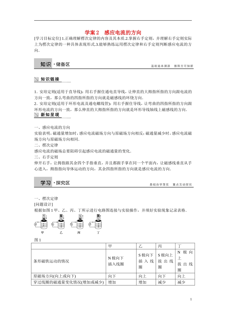 【学案导学设计】2014-2015学年高中物理 第一章 电磁感应 感应电流的方向学案 粤教版选修3-2_第1页