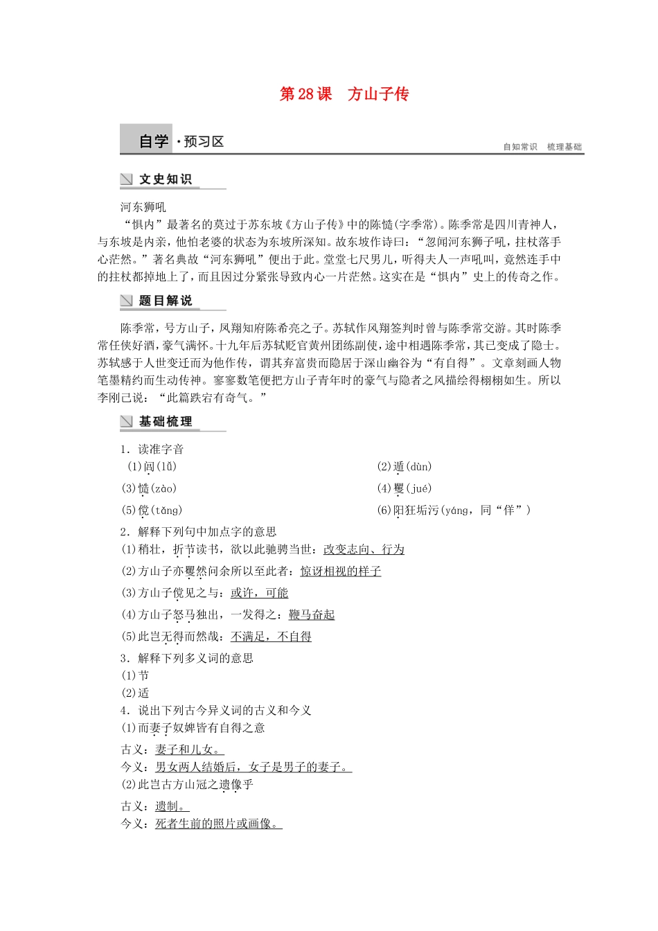 【学案导学设计】2014-2015学年高中语文 第九专题 第28课 方山子传学案 苏教版《唐宋八大家散文选读》_第1页