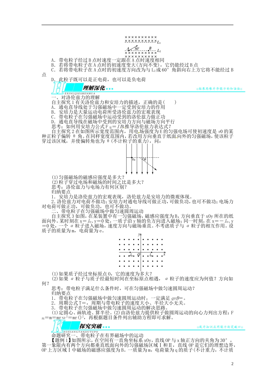 【志鸿优化设计】（安徽专用）2014届高考物理一轮复习 第八章 磁场第二节磁场对运动电荷的作用教学案 新人教版_第2页