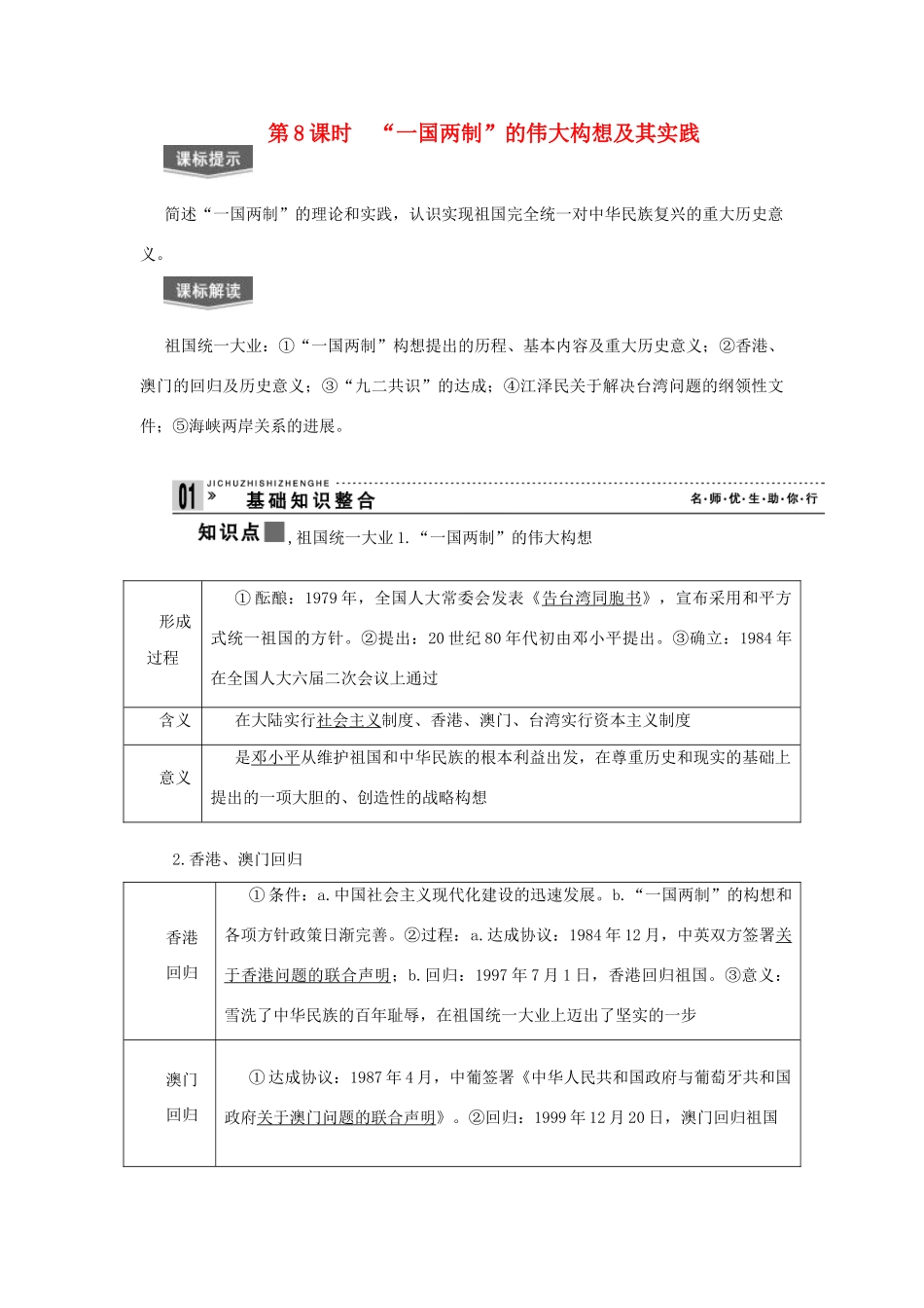 【导与练】2013届高考历史一轮复习 第8课时　“一国两制”的伟大构想及其实践学案 新人教版必修3_第1页