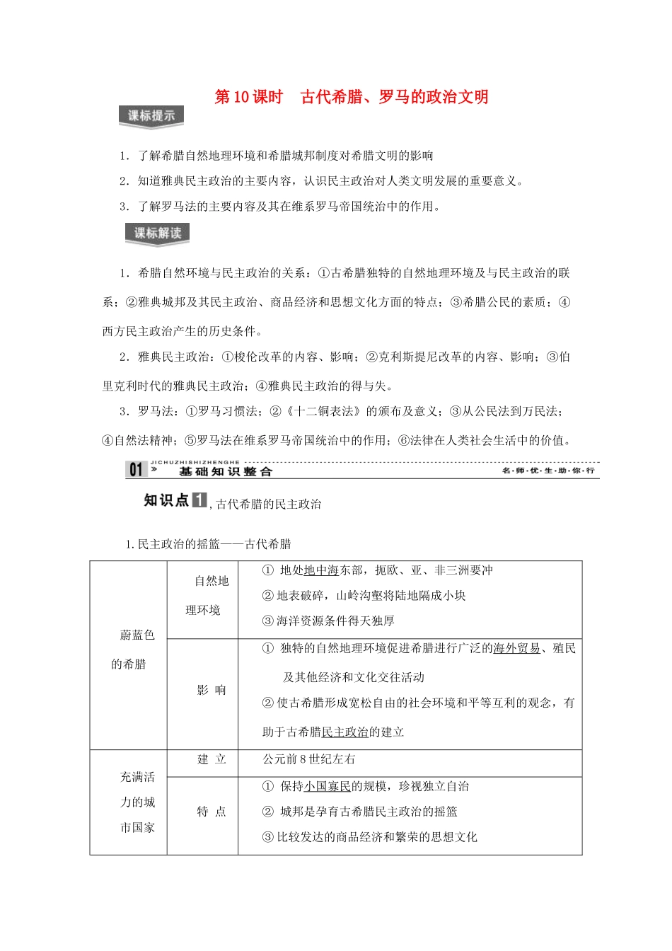 【导与练】2013届高考历史一轮复习 第10课时古代希腊、罗马的政治文明学案 新人教版必修3_第1页