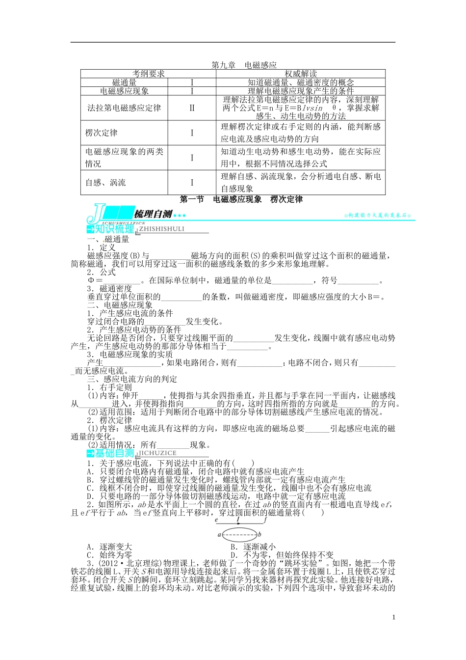 【志鸿优化设计】（安徽专用）2014届高考物理一轮复习 第九章 电磁感应第一节电磁感应现象 楞次定律教学案 新人教版_第1页