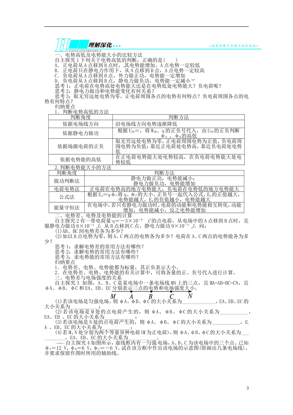 【志鸿优化设计】（安徽专用）2014届高考物理一轮复习 第六章 静电场第二节电势差 电势 电势能教学案 新人教版_第3页