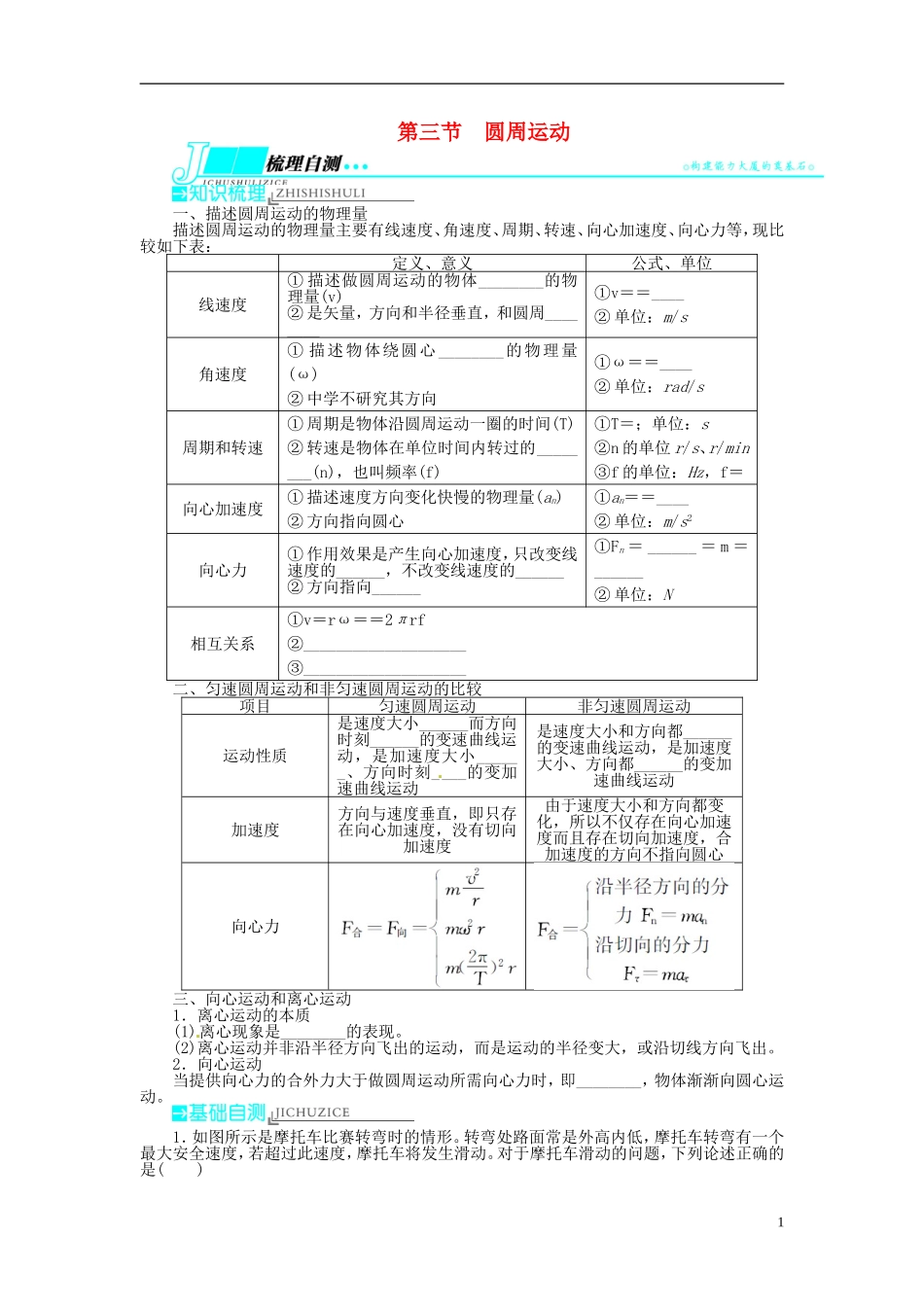 【志鸿优化设计】（安徽专用）2014届高考物理一轮复习 第四章 曲线运动万有引力与航天第三节圆周运动教学案 新人教版_第1页