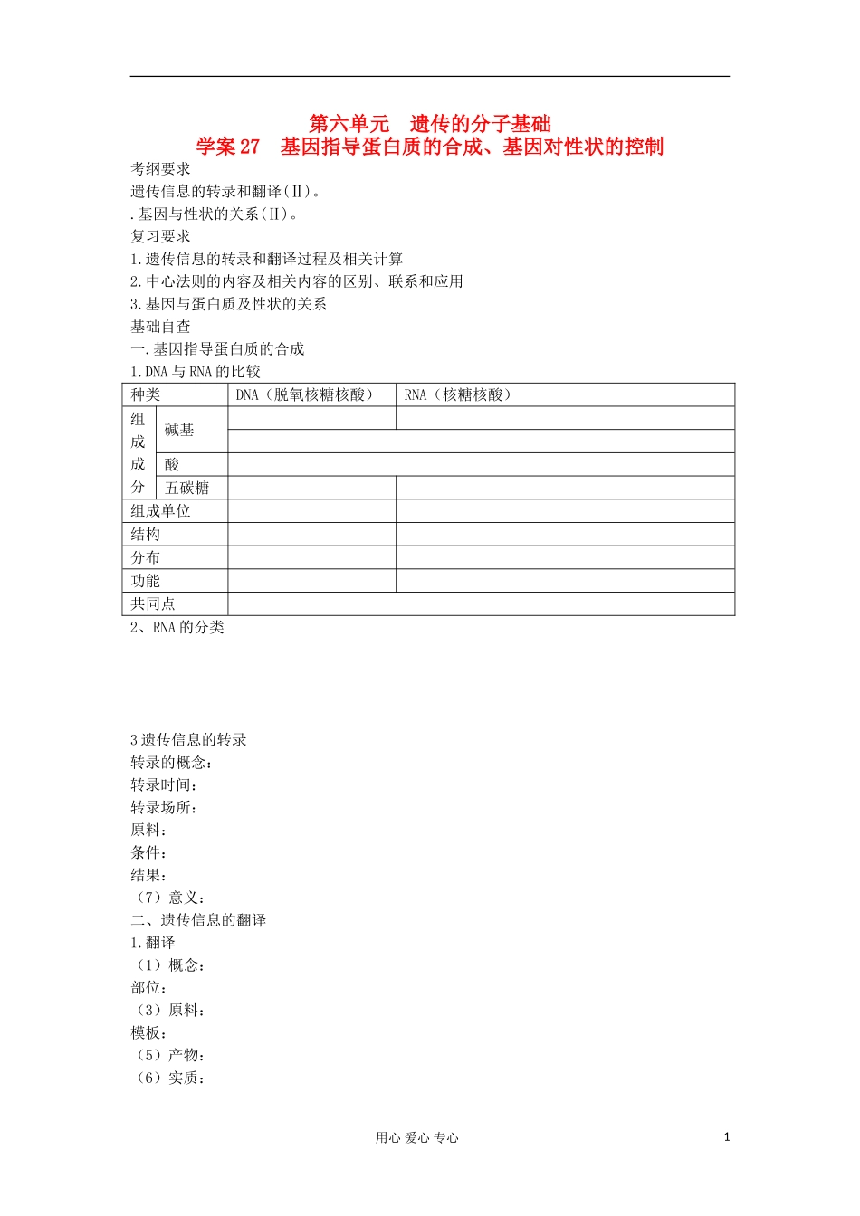 【导与练】2013届高考生物一轮复习 第一部分学案27 基因指导蛋白质的合成、基因对性状的控制 新人教版_第1页