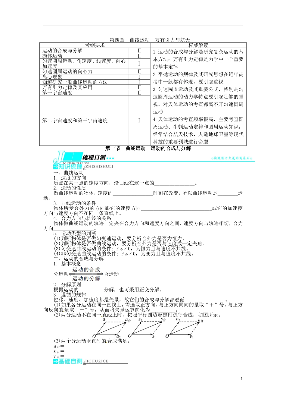 【志鸿优化设计】（安徽专用）2014届高考物理一轮复习 第四章 曲线运动万有引力与航天第一节曲线运动 运动的合成与分解教学案 新人教版_第1页