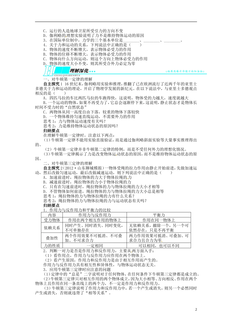 【志鸿优化设计】（江苏专用）2014届高考物理 第三章牛顿运动定律第一节牛顿第一定律 牛顿第三定律教学案_第2页