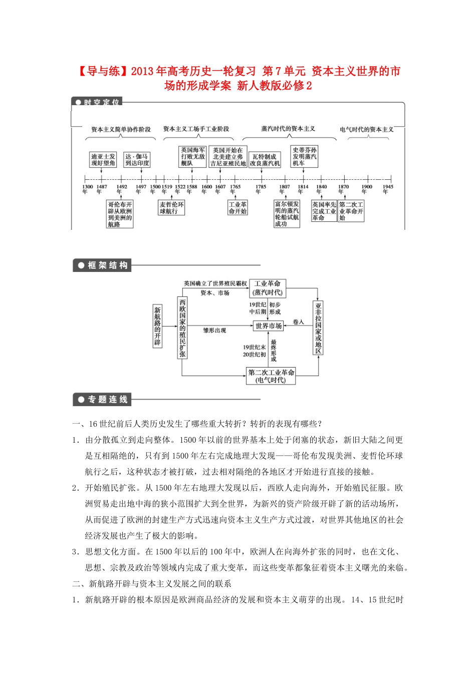 【导与练】2013年高考历史一轮复习 第7单元 资本主义世界的市场的形成学案 新人教版必修2_第1页