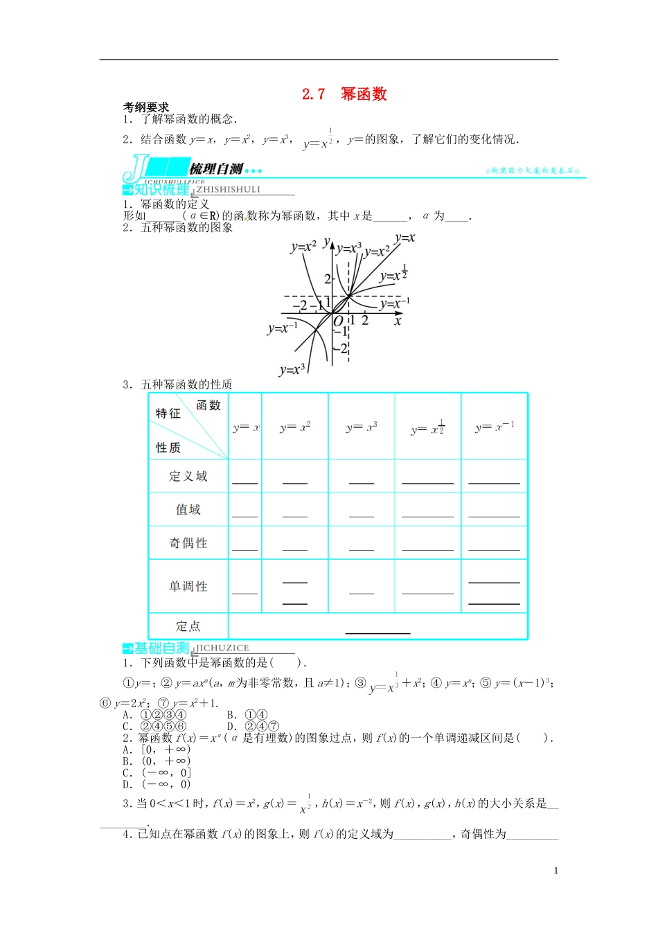 【志鸿优化设计】（山东专用）2014届高考数学一轮复习 第二章函数2.7幂函数教学案 理  新人教A版_第1页