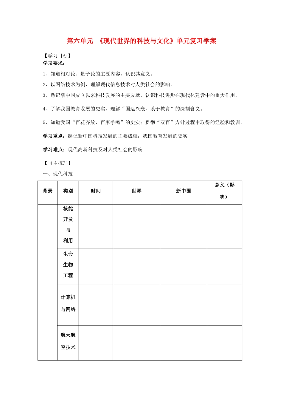 【导与练】2013年高中历史 第6单元 单元总结同步导学案 岳麓版必修3_第1页