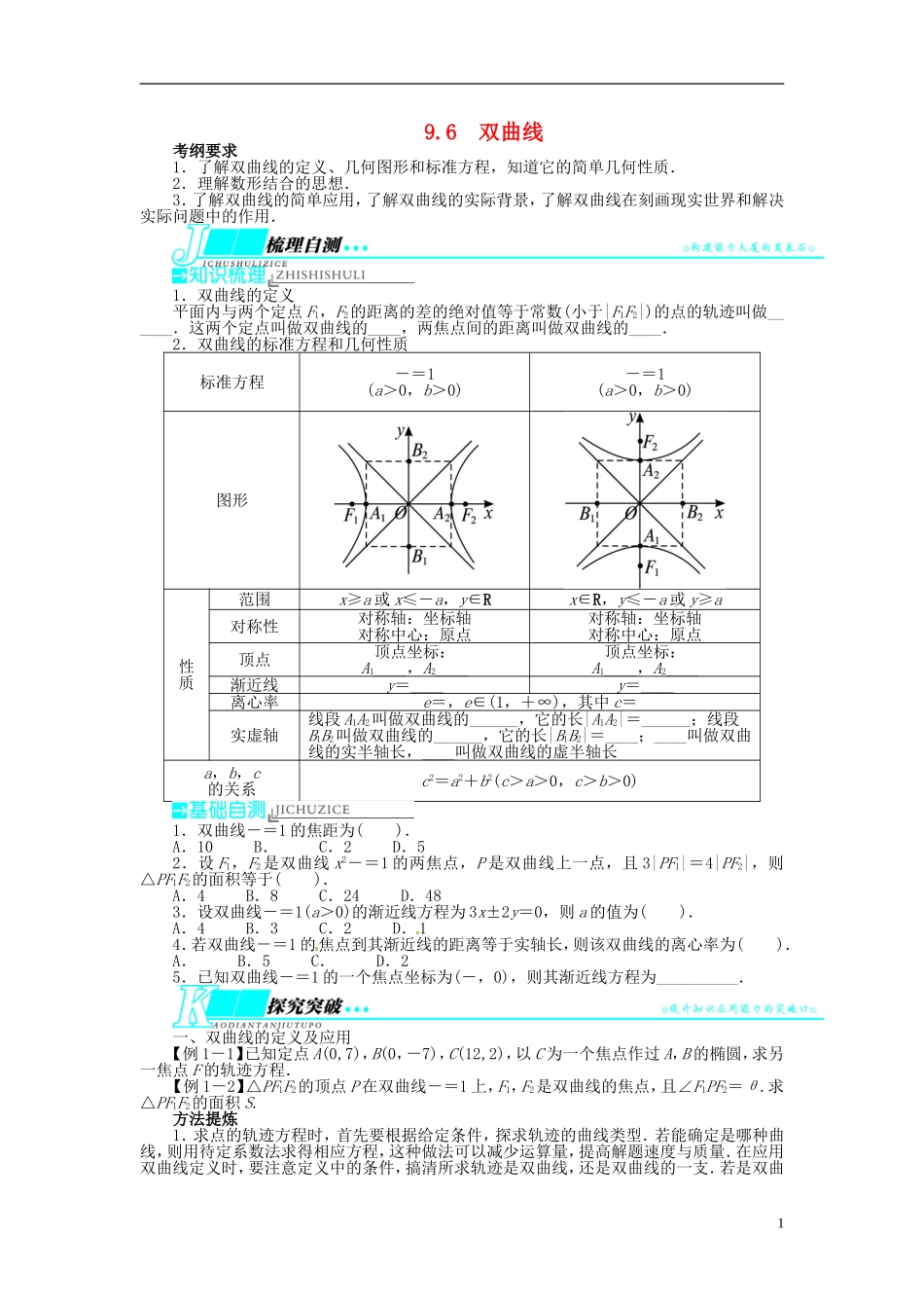 【志鸿优化设计】（山东专用）2014届高考数学一轮复习 第九章解析几何9.6双曲线教学案 理  新人教A版_第1页