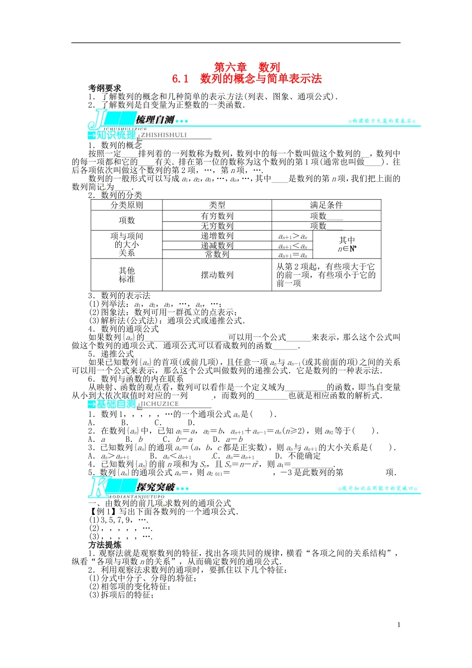 【志鸿优化设计】（山东专用）2014届高考数学一轮复习 第六章数列6.1数列的概念与简单表示法教学案 理  新人教A版_第1页