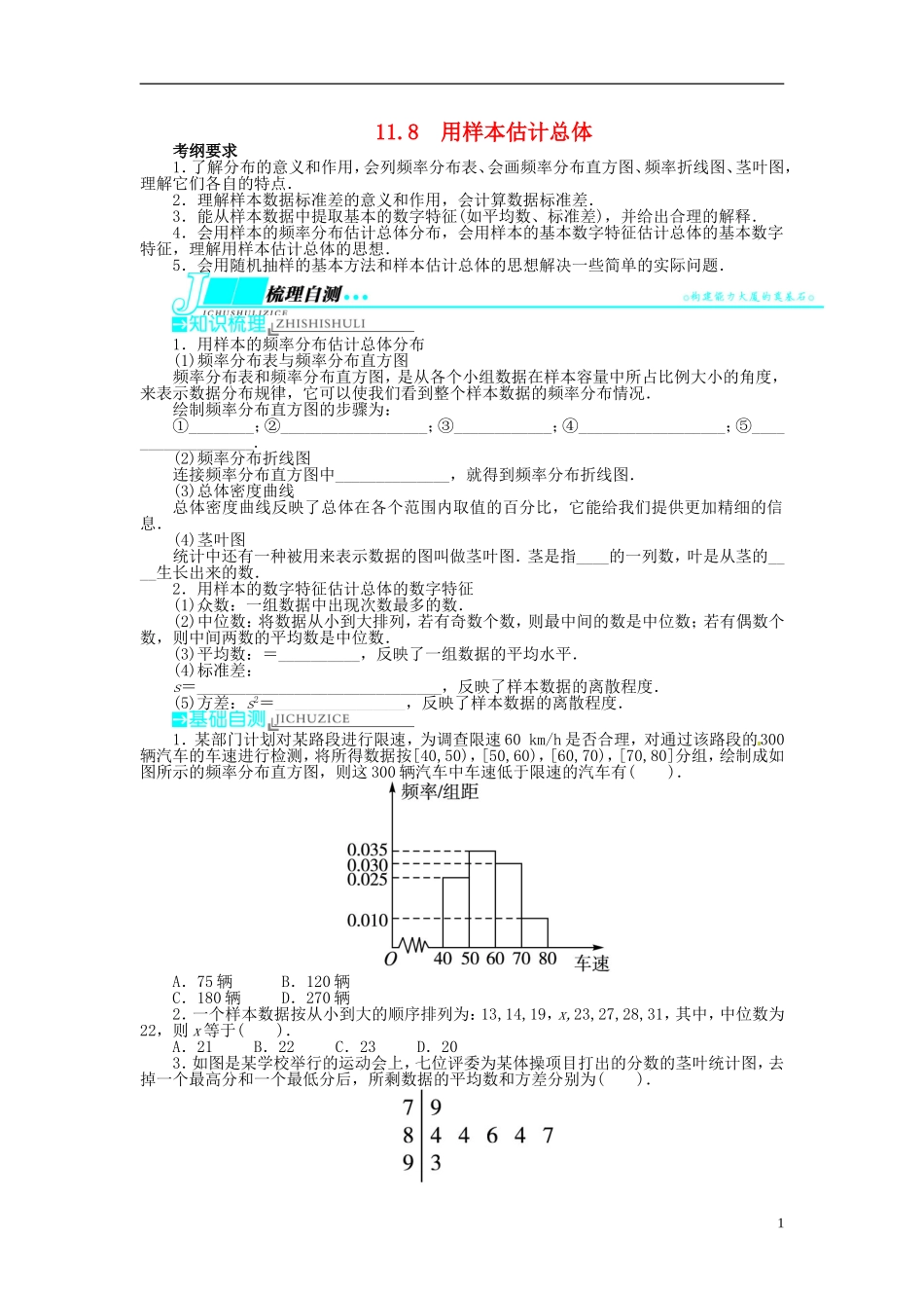【志鸿优化设计】（山东专用）2014届高考数学一轮复习 第十一章概率与统计11.8用样本估计总体教学案 理  新人教A版_第1页