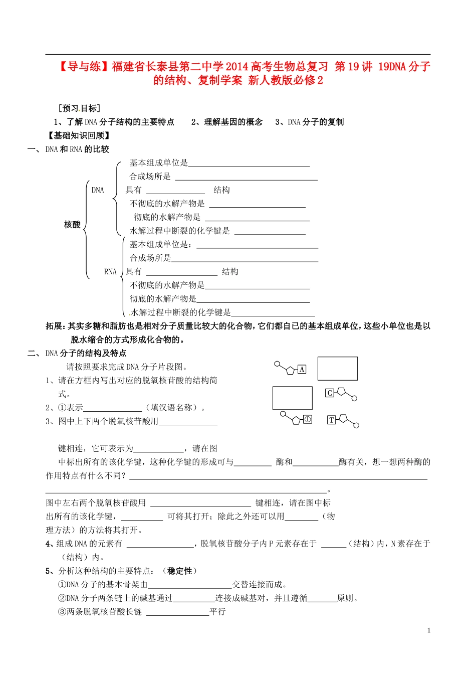 【导与练】福建省长泰县第二中学2014高考生物总复习 第19讲 19DNA分子的结构、复制学案 新人教版必修2_第1页