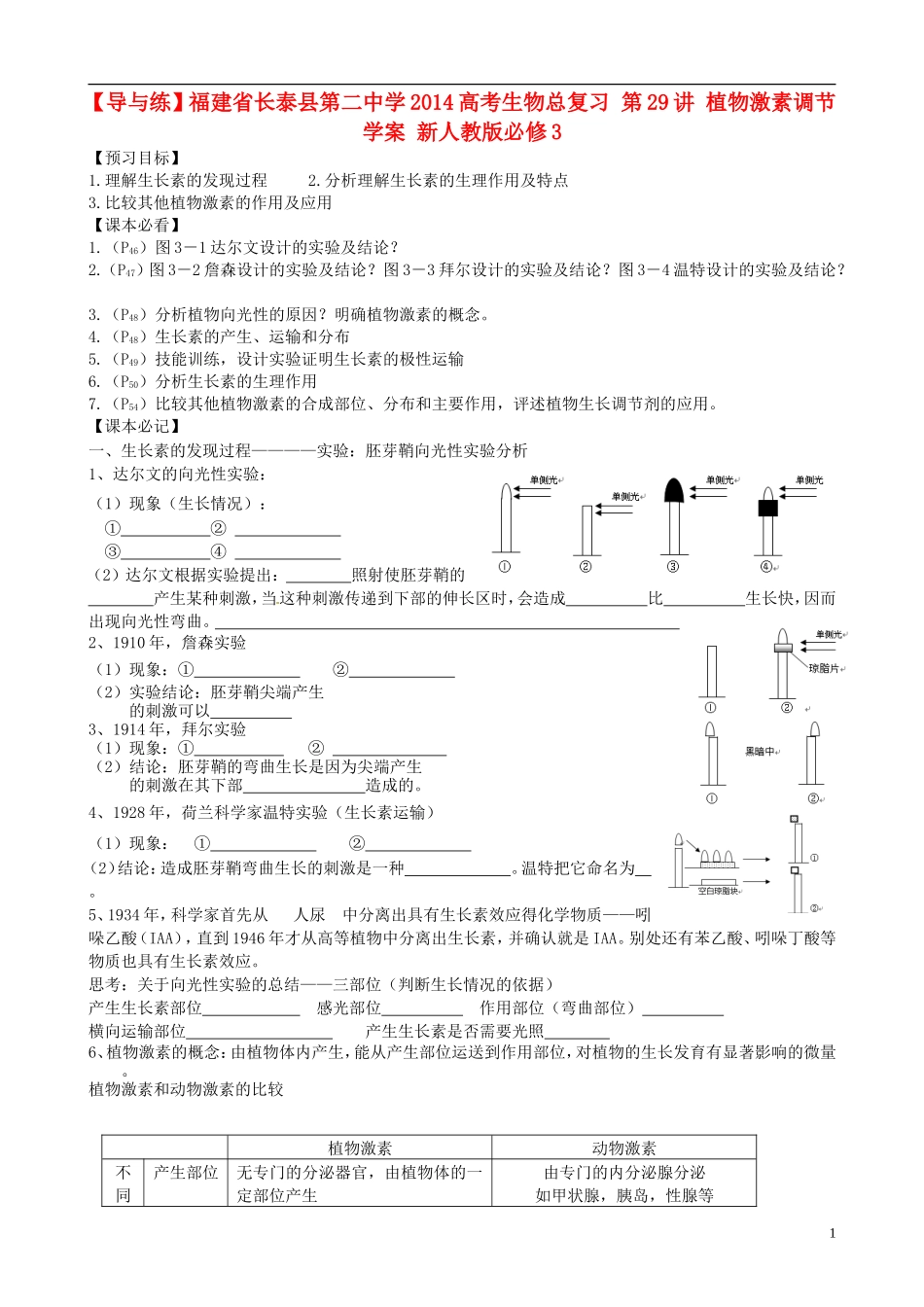 【导与练】福建省长泰县第二中学2014高考生物总复习 第29讲 植物激素调节学案学案 新人教版必修3_第1页