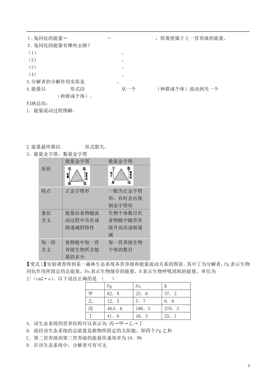【导与练】福建省长泰县第二中学2014高考生物总复习 第32讲 生态系统的能量流动学案 新人教版必修3_第3页