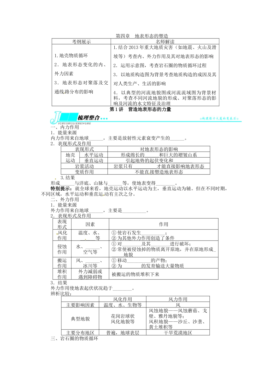 【志鸿优化设计】2014届高考地理一轮复习 第四章地表形态的塑造第1讲营造地表形态的力量教学案 新人教版必修1_第1页