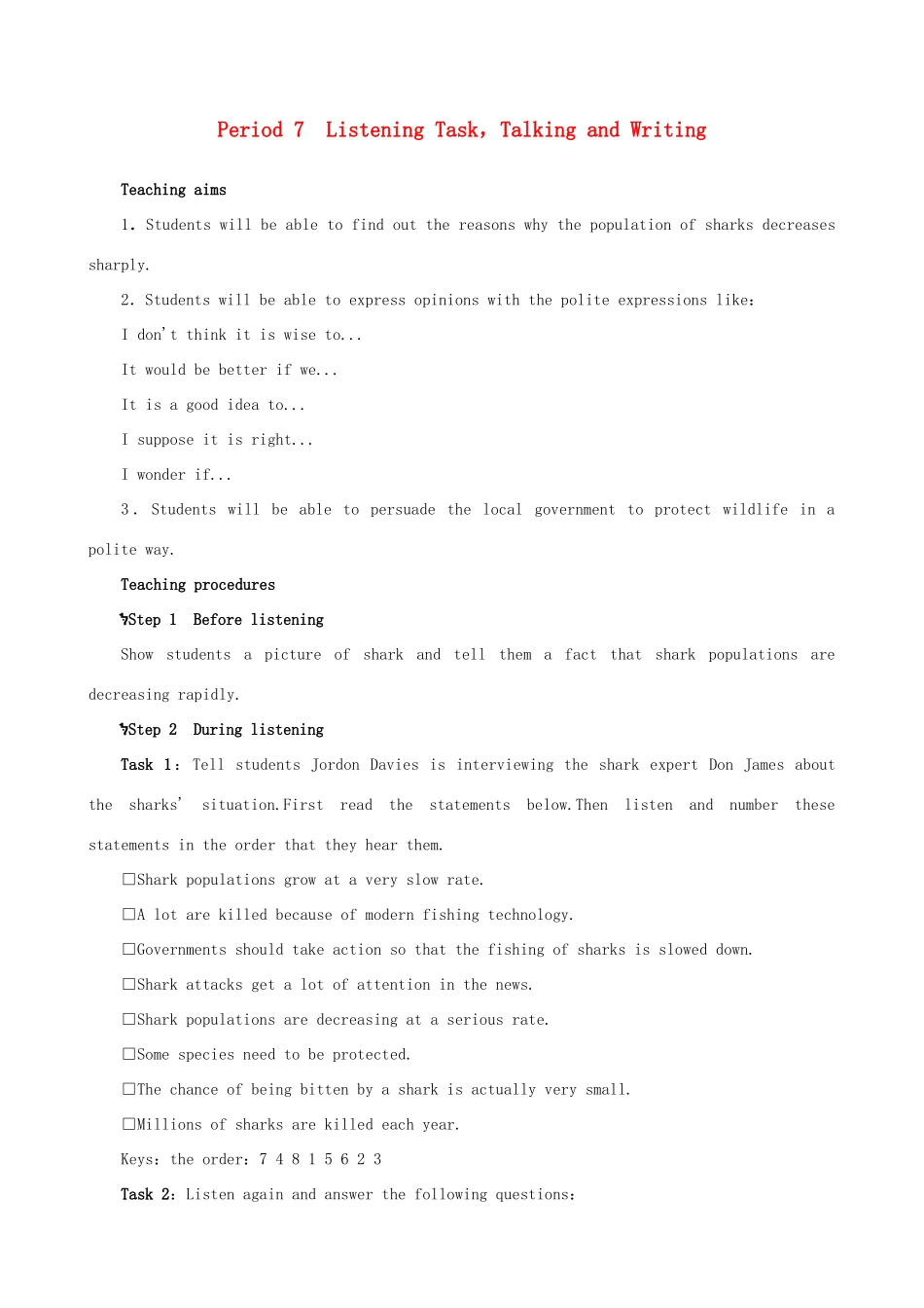 【开学大礼包】2012高中英语 Unit 3 Under the sea Period 7 Listening Task，Talking and Writing精品教案 新人教版选修7_第1页