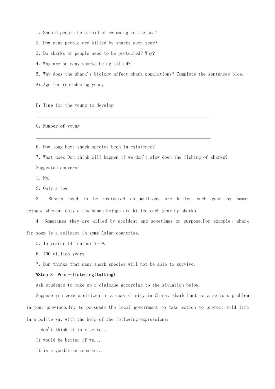 【开学大礼包】2012高中英语 Unit 3 Under the sea Period 7 Listening Task，Talking and Writing精品教案 新人教版选修7_第2页