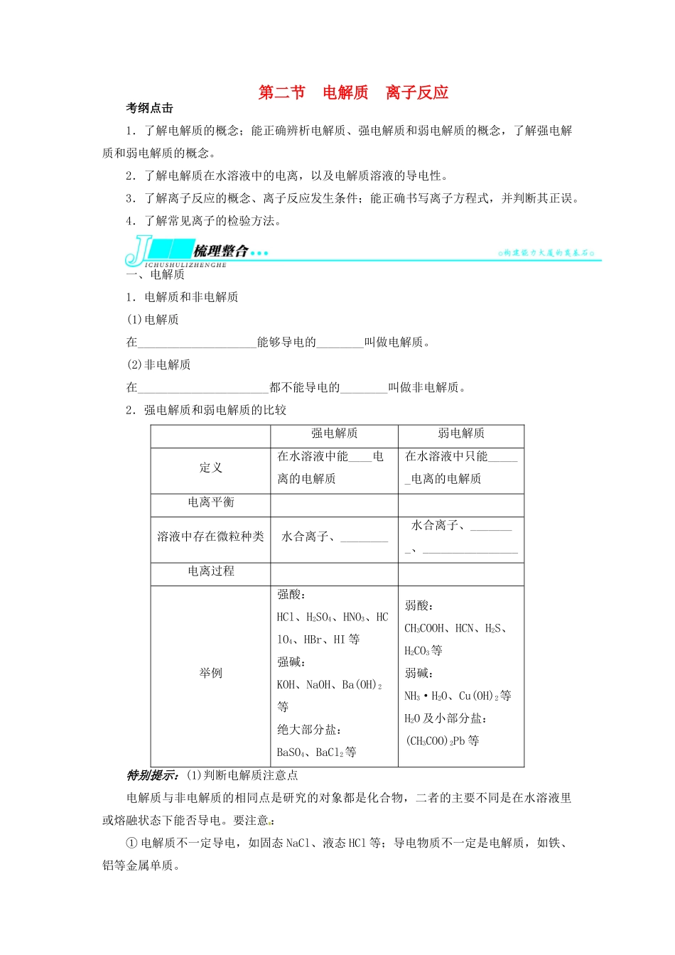 【志鸿优化设计】2014届高考化学一轮复习 第二章 元素与物质世界第二节电解质离子反应教学案 鲁科版_第1页