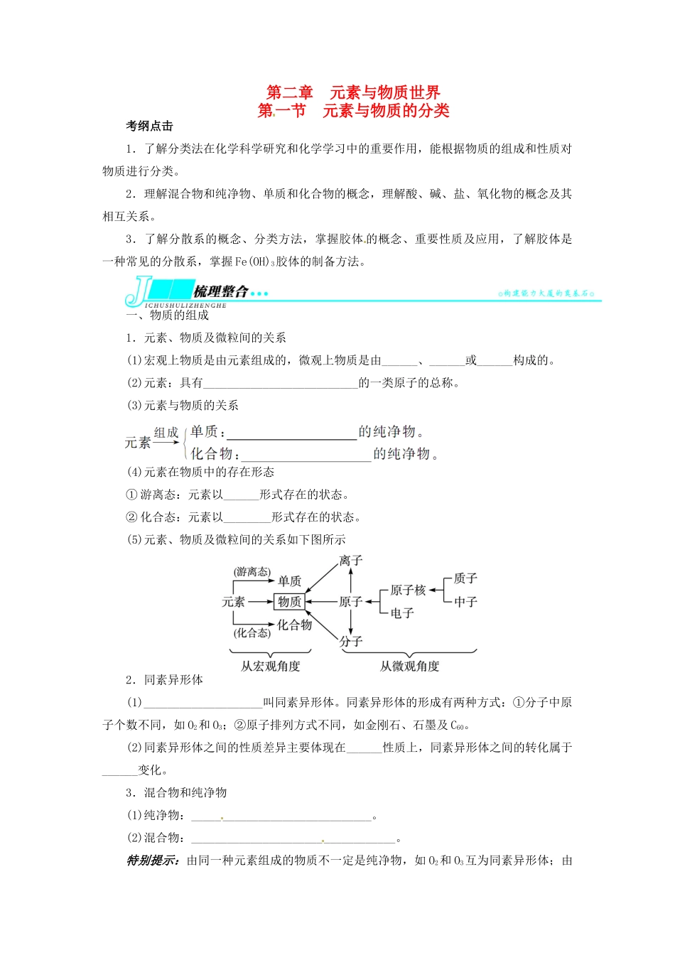 【志鸿优化设计】2014届高考化学一轮复习 第二章 元素与物质世界第一节元素与物质的分类教学案 鲁科版_第1页
