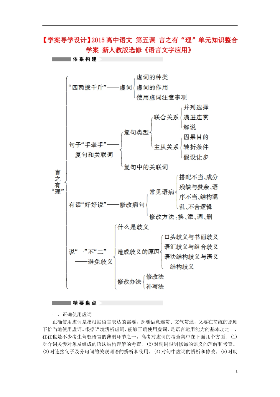 【学案导学设计】2015高中语文 第五课 言之有“理”单元知识整合学案 新人教版选修《语言文字应用》_第1页