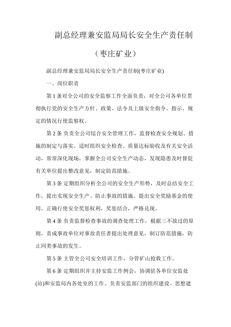 副总经理兼安监局局长安全生产责任制（枣庄矿业）_第1页