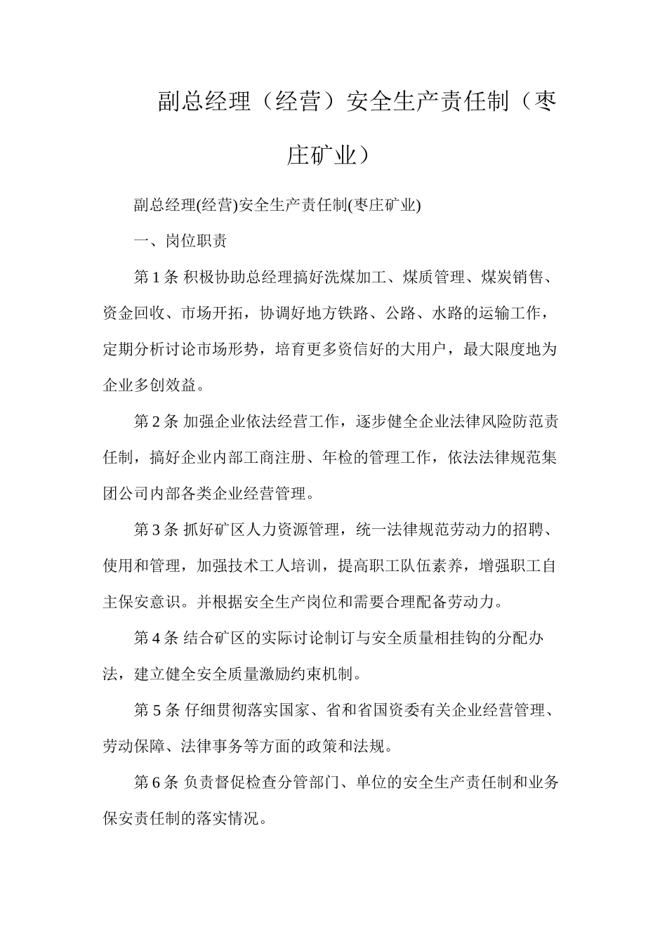 副总经理（经营）安全生产责任制（枣庄矿业）_第1页