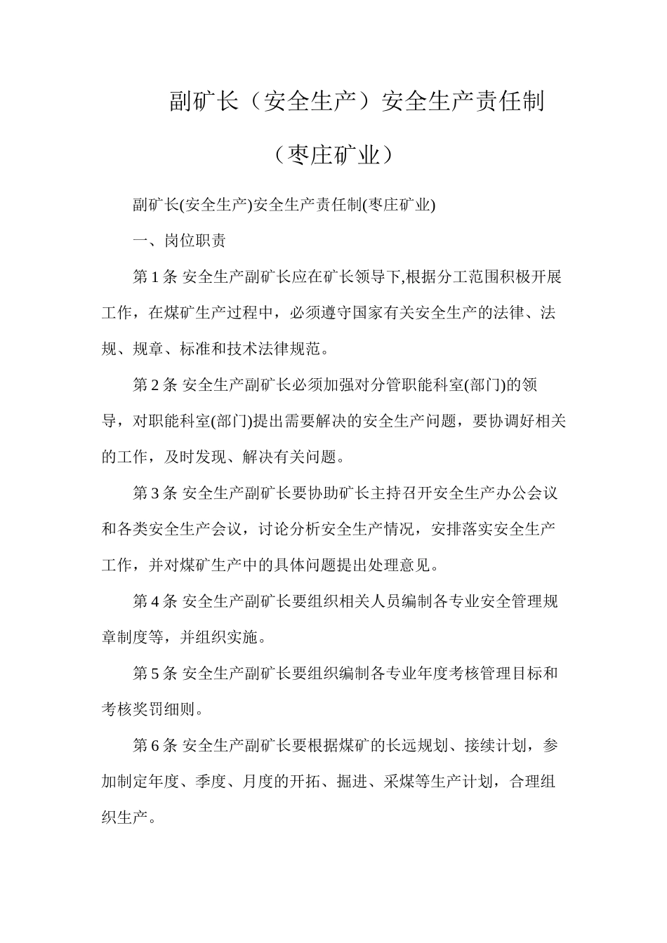 副矿长（安全生产）安全生产责任制（枣庄矿业）_第1页