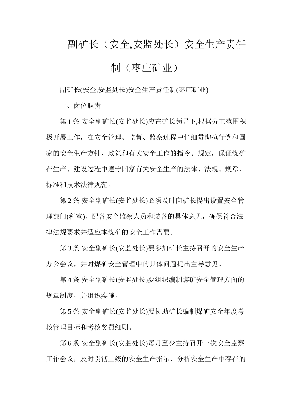 副矿长（安全安监处长）安全生产责任制（枣庄矿业）_第1页
