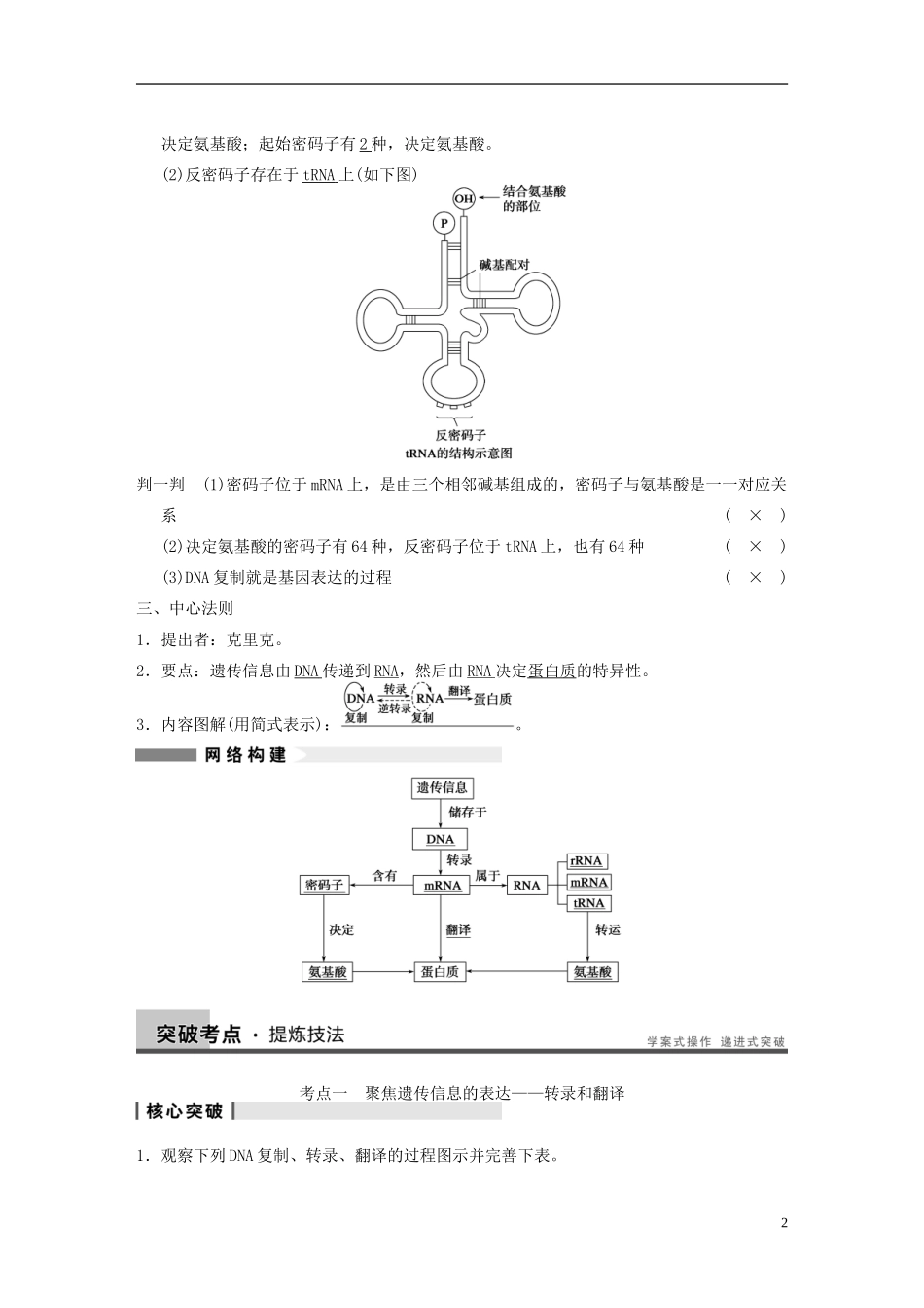 【步步高】2014高考生物一轮复习 第六单元 第18讲遗传信息的表达RNA和蛋白质的合成学案 浙科版_第2页
