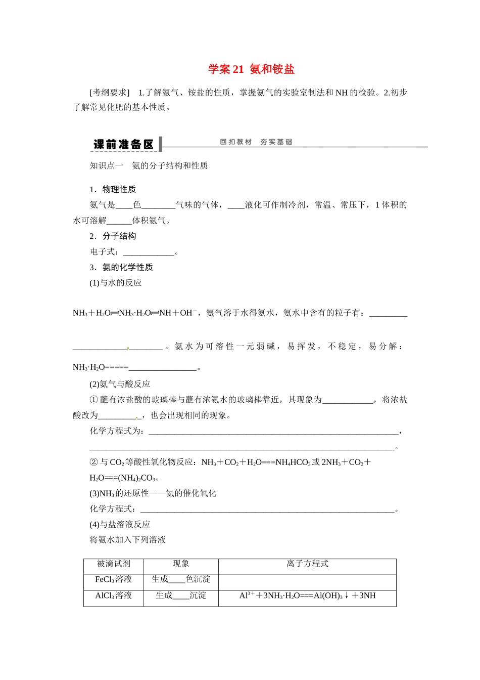 【步步高】2015届高考化学大一轮复习 氨和铵盐配套导学案（含解析）苏教版_第1页