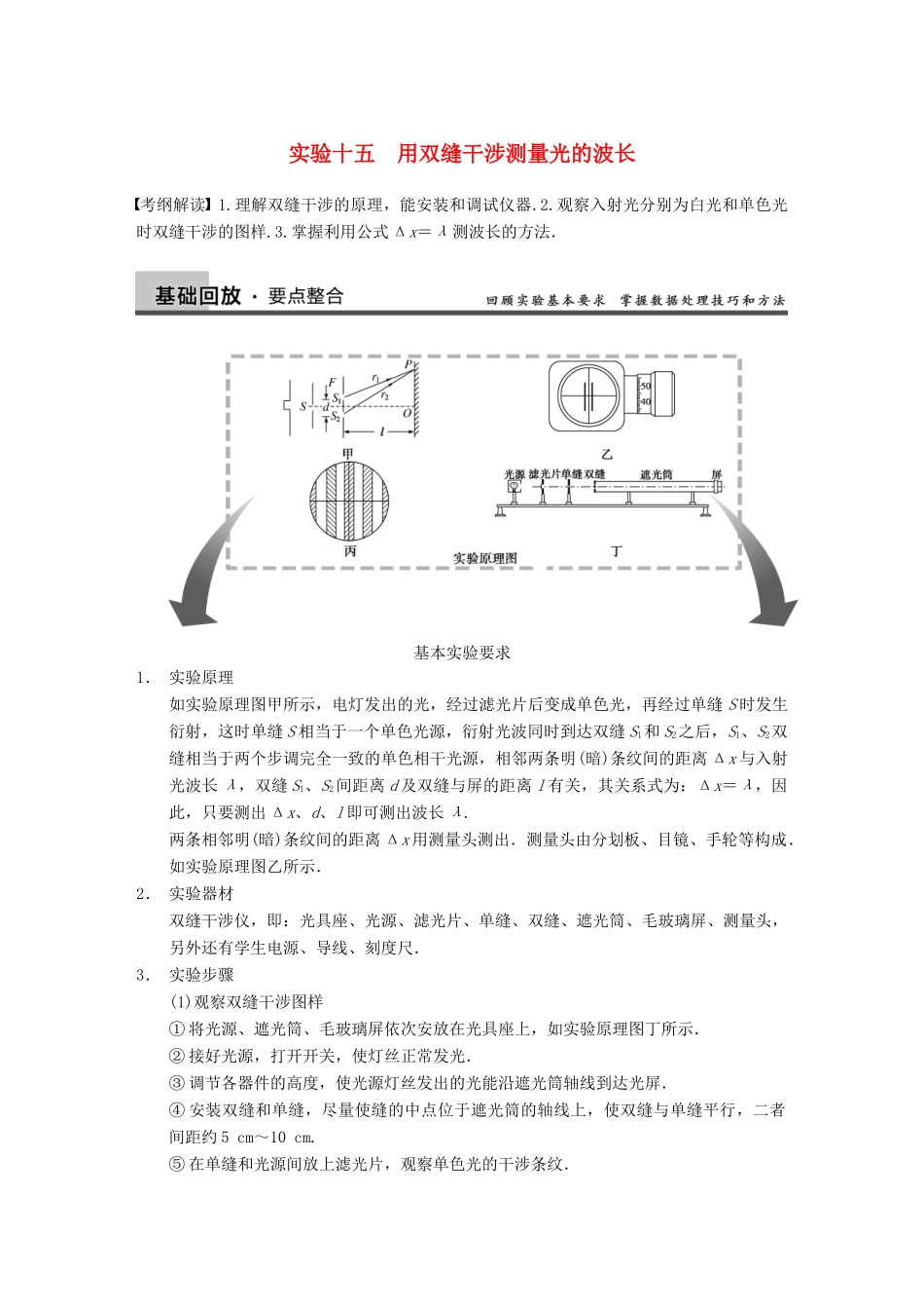 【步步高】2014高考物理大一轮复习讲义 （深度思考+考点突破+提能训练） 第十二章 实验十五 用双缝干涉测量光的波长（含解析） 新人教版_第1页