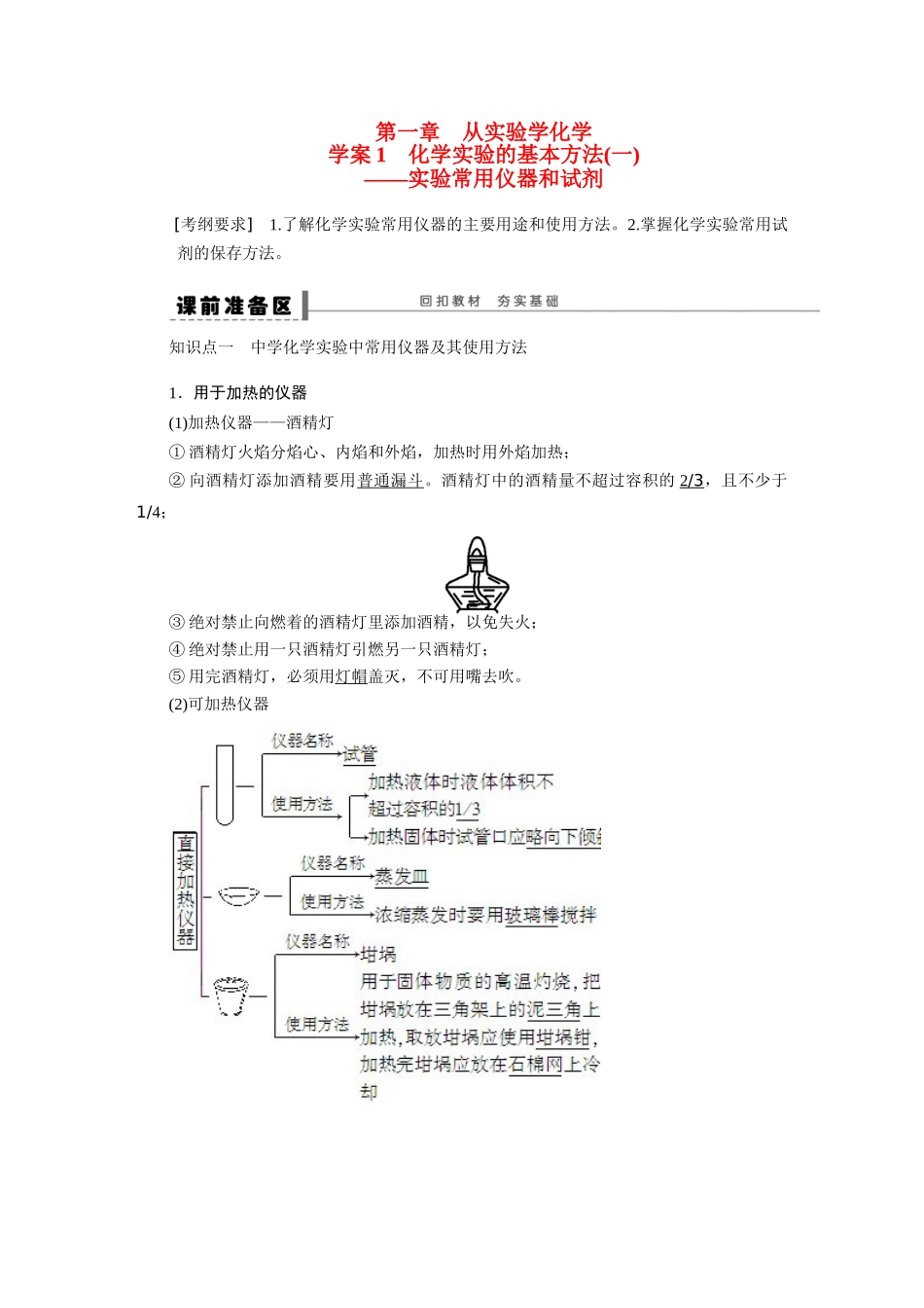 【步步高】2015届高考化学大一轮复习 第一章 化学实验的基本方法一配套导学案（含解析）鲁科版_第1页