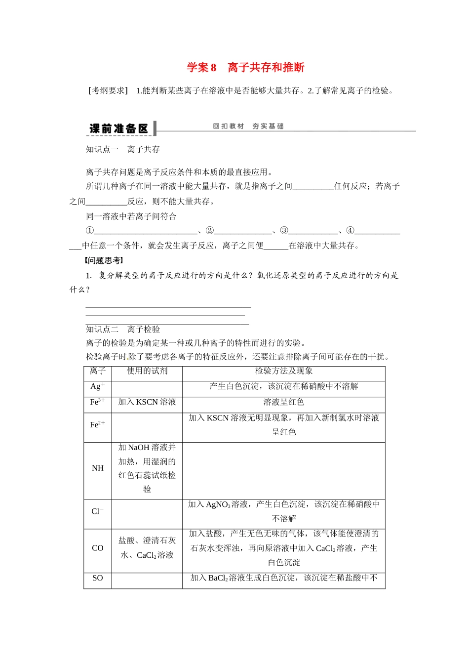【步步高】2015届高考化学大一轮复习 离子共存和推断配套导学案（含解析）苏教版_第1页