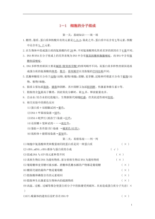 【步步高】（福建专用）2014高考生物二轮复习 第二篇 1.1 细胞的分子组成导学案