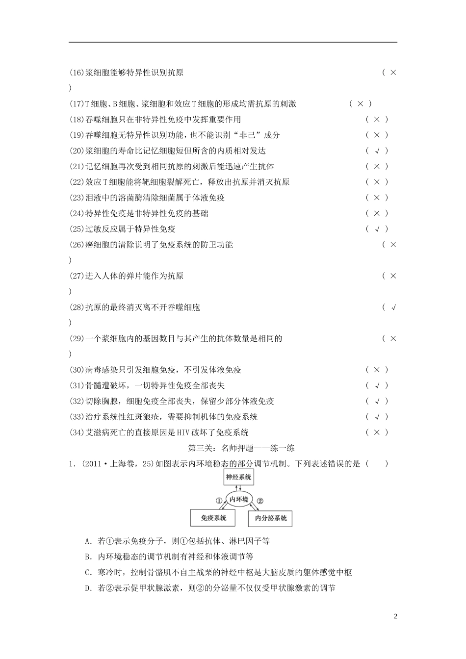 【步步高】（福建专用）2014高考生物二轮复习 第二篇 3-3 人体的内环境与稳态导学案_第2页