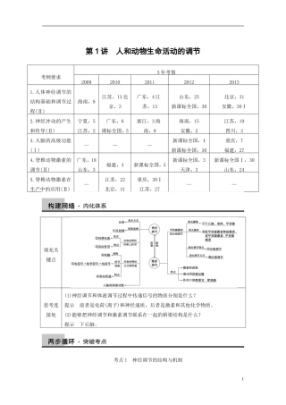 【步步高】（福建专用）2014高考生物二轮复习 专题突破五 第1讲 人和动物生命活动的调节教学案